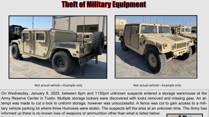 NextImg:Three Military Humvees, Machine Gun Mounts, Stolen Outside Of Los Angeles