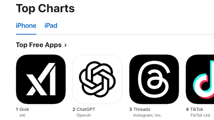 NextImg:"We're Seeing Heavy Traffic": Musk's Grok Chatbot Tops No. 1 On App Store, Overtaking ChatGPT & TikTok