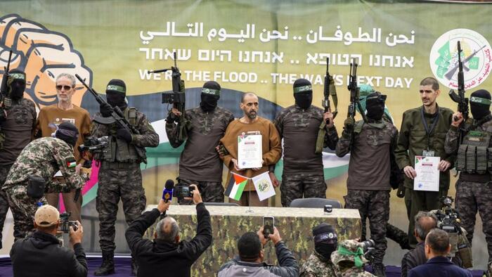 NextImg:Three Gaunt-Looking Israelis Freed By Hamas After "491 Days Of Hell"