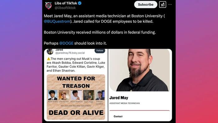 NextImg:Boston University Employee Who Called For Death Of DOGE Team Now Under Investigation