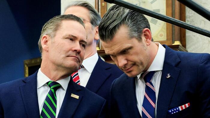 NextImg:Trump Stands By Walz, Hegseth As Dems Gun For Their Jobs After Signal Leak