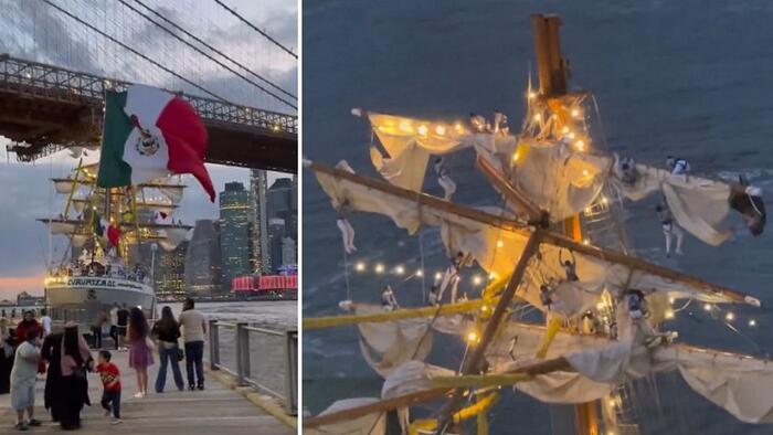 NextImg:'Pandemonium': Sailors Go Flying As Mexican Navy Smashes Into Brooklyn Bridge