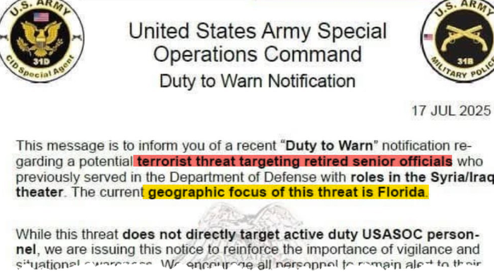 NextImg:Army Special Operations Command Issues Terror Threat For Retired DoD Officials In Florida