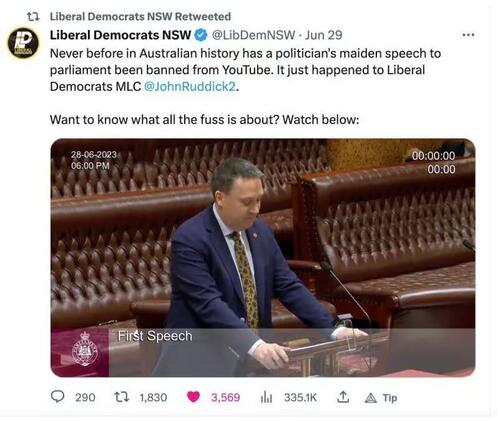 YouTube Censors Australian Politician’s Maiden Speech To Parliament