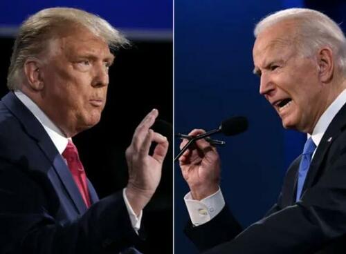 This combination of pictures created on October 22, 2020 shows President Donald Trump, left, and Democratic presidential candidate Joe Biden during the final presidential debate at Belmont University in Nashville, Tenn., on Oct. 22, 2020. (Brendan Smialowski and Jim Watson/AFP via Getty Images)