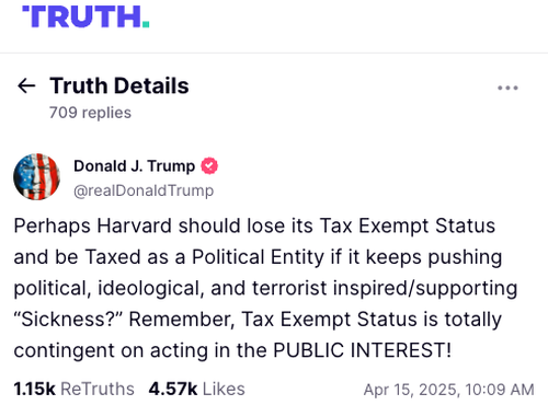 Trump Threatens Harvard’s Tax-Exempt Status Amid Federal Funding Freeze – Tyler Durden