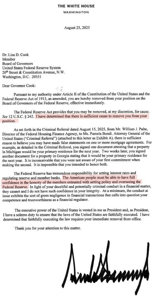 Lisa Cooked: Trump Fires Fed Governor For “Potentially Criminal Conduct” Creating Another Opening On Fed Board