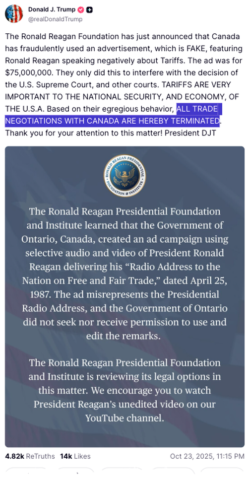 Trump “Terminates” All Trade Negotiations With Canada After Ontario Launches Information War Targeting Americans