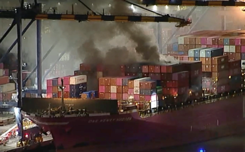 Fire Breaks Out On Container Ship Moored At Los Angeles Port