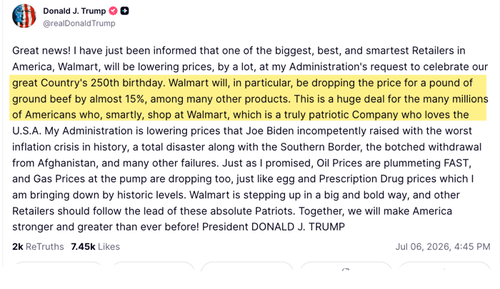 Trump Says Walmart Will Slash Ground Beef Prices In "Huge Deal" For Consumers