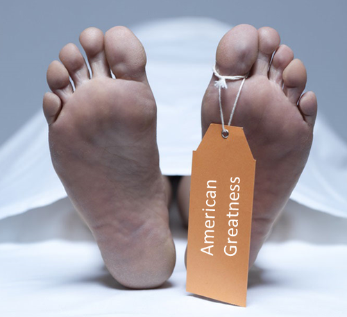Picture of feet of a dead man with a card that says "American Greatness"