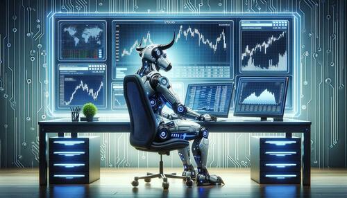 A robotic bull analyzing stocks.