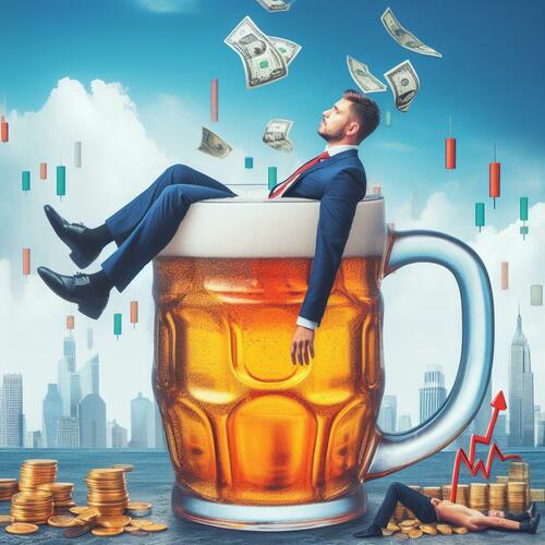 A stock trader sitting in a giant mug of beer after making a trade against BUD