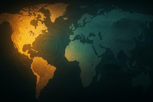 A world map, with the Western Hemisphere highlighted. 