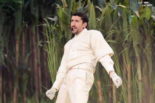 Bad Bunny performing at the Super Bowl halftime show.