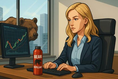 A stock trader with a can of bear repellant on her desk and a bear stalking outside her window.