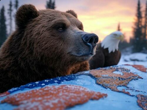 A bear and a bald eagle surveying a snowy map.