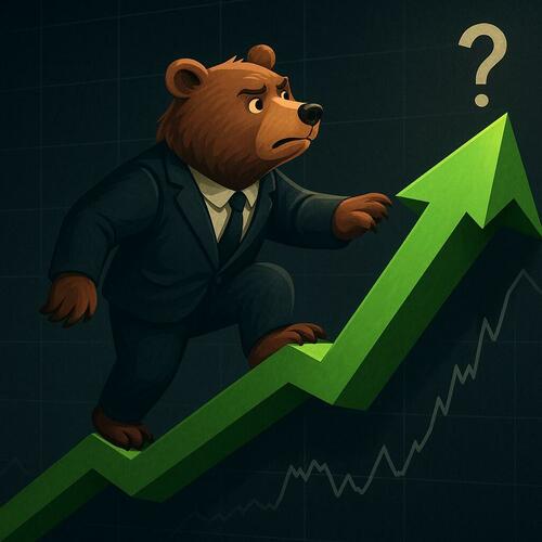 An anthropomorphic bear tentatively climbing a green arrow. 