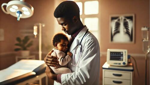 A black obstetrician holding a black baby. 