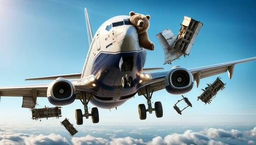 A bear flying a Boeing plane as parts fall off of it. 