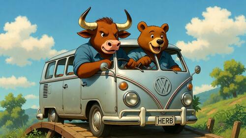 A bull and bear riding a Volkswagen