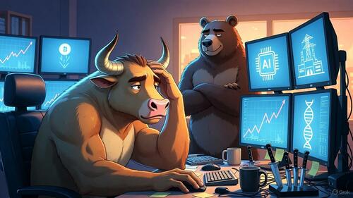 A bull and bear on a trading floor. 