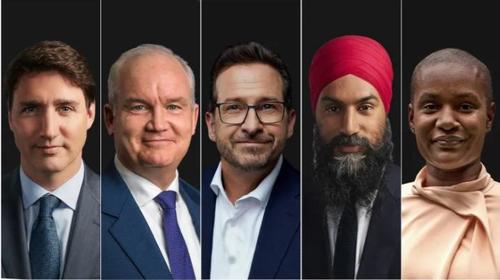 Source: Liberal Leader Justin Trudeau, left, Conservative Party of Canada Leader Erin O'Toole, centre left, Bloc Québécois Leader Yves-François Blanchet, centre, NDP Leader Jagmeet Singh, centre right, and Green Party Leader Annamie Paul.