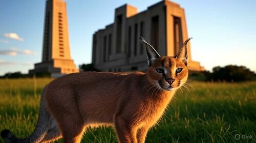 A caracal in front of a monument. 