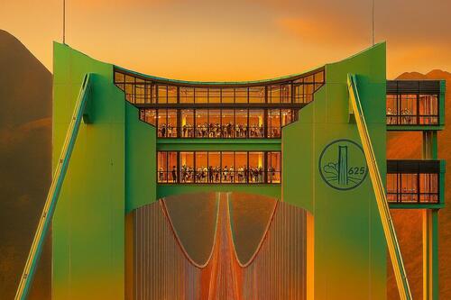 The world’s tallest bridge: the just-opened Huajiang Grand Canyon Bridge, features a coffee shop built into the top of one of its pylons (AI drawing to avoid copyright issues).