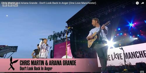 Ariana Grande and Chris Martin at the One Love Manchester Concert in 2017