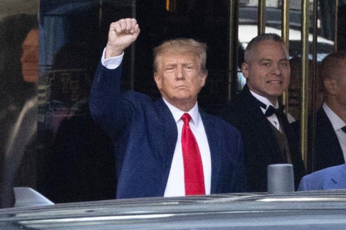 Donald Trump raising his fist in New York for his arraignment on Tuesday. 