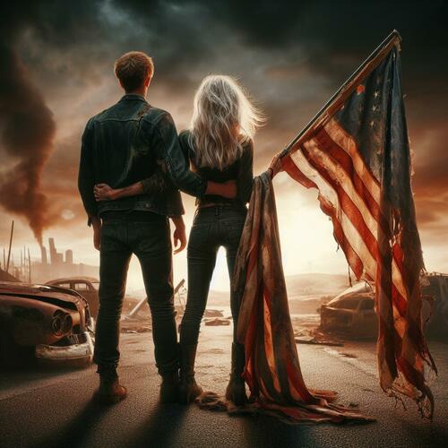 A man and a woman holding a tattered American flag look out at a post apocalyptic scene. 