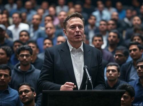 Elon Musk speaking in front of a crowd of Indian immigrants.