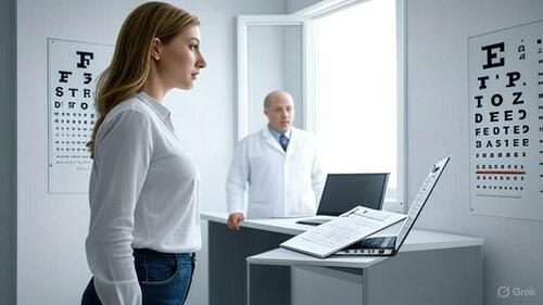 A woman taking an eye test. 