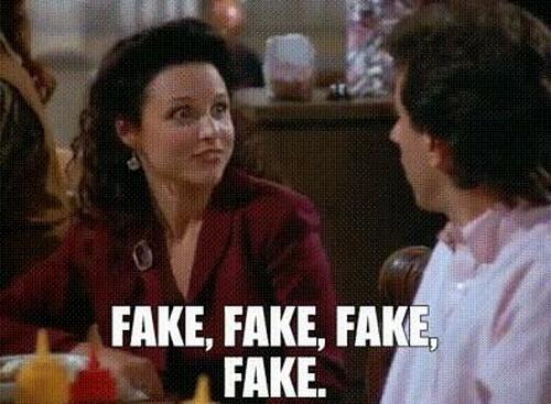 Elaine Benes "Fake, fake, fake, fake" Seinfeld meme.