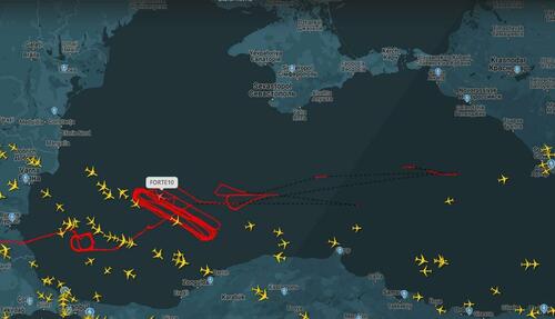 The flight path of Forte10, a U.S. Air Force Northrop Grumman RQ-4 Global Hawk surveillance drone, during the missile attack on Sevastopol.