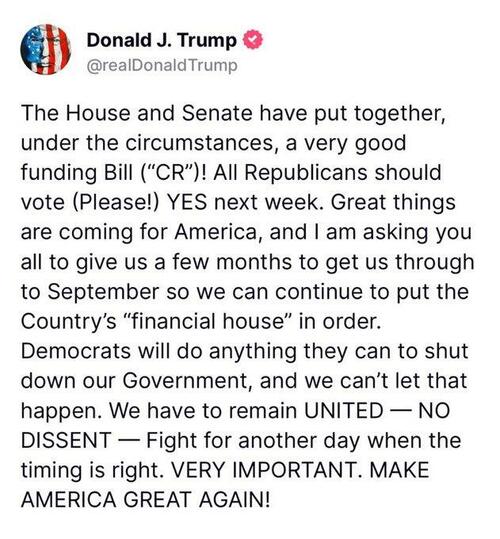 &#39;NO DISSENT&#39;: Trump Asks &#39;All Republicans&#39; To &#39;Give Us A fewer  Months&#39; And Approve GOP Continuing Resolution