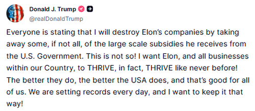 “I Want Elon To THRIVE” Trump Says, Dismissing Rumors He’s Seeking To Harm Musk’s Companies