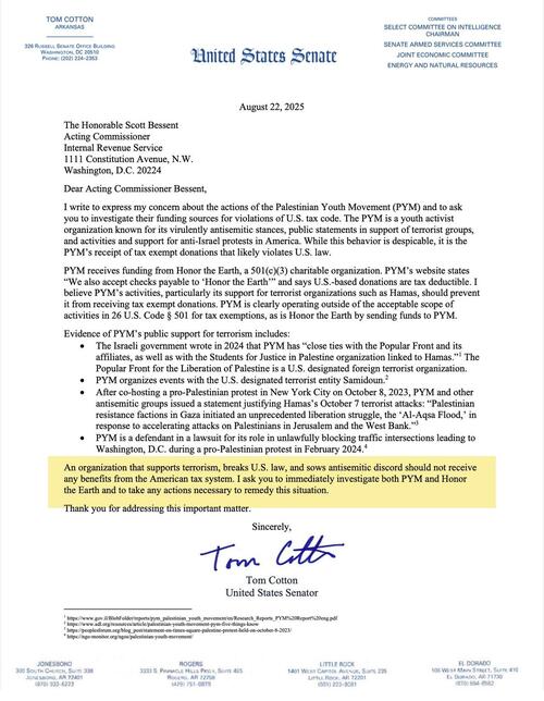 Tom Cotton Targets Tax Status Of ‘Terrorist-Supporting’ Youth Movement