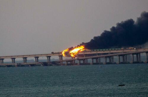 The Kerch Strait Bridge after an apparent suicide truck bombing.