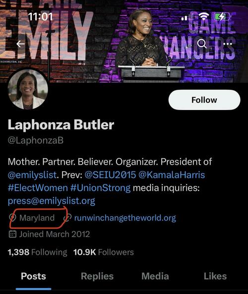 Laphonza Butler's X profile, before she erased her Maryland location. 