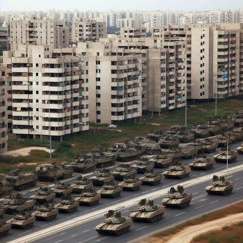 Tanks lined up in front of an urban area.