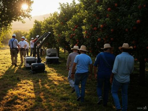 Migrant workers being replaced in an orchard by engineers and robots.