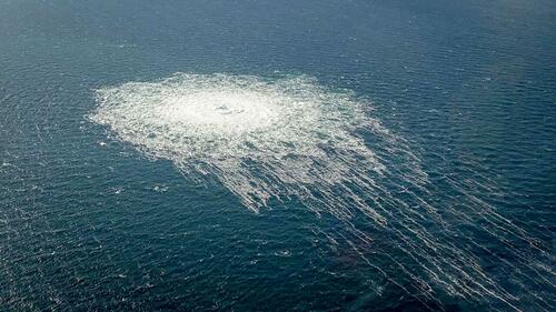 Natural gas from Nord Stream sabotage bubbles to the surface of the Baltic Sea. Photo via Danish Defense Ministry. 