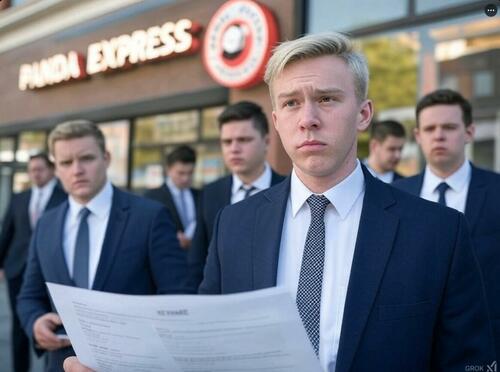 Young men in suits standing in front of a Panda Express.