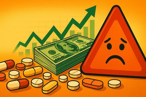 Pills and money and a green arrow and a warning.