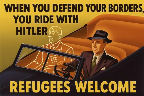 Riff on American WWII propaganda about "Riding with Hitler". 