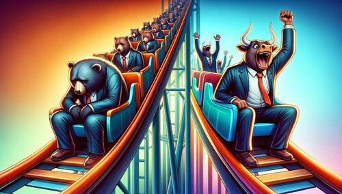Bulls and bears riding a roller coaster. 