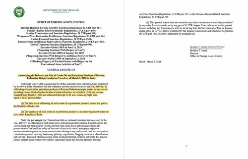 In Major Win For Putin, US Grants Russia License To Sell Oil To India While Strait Of Hormuz Is Blocked