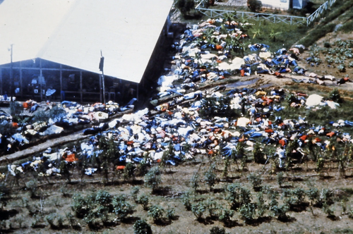 an aerial photgraph shows hundreds of bodies on the ground at Jim Jones' compound in Guyana